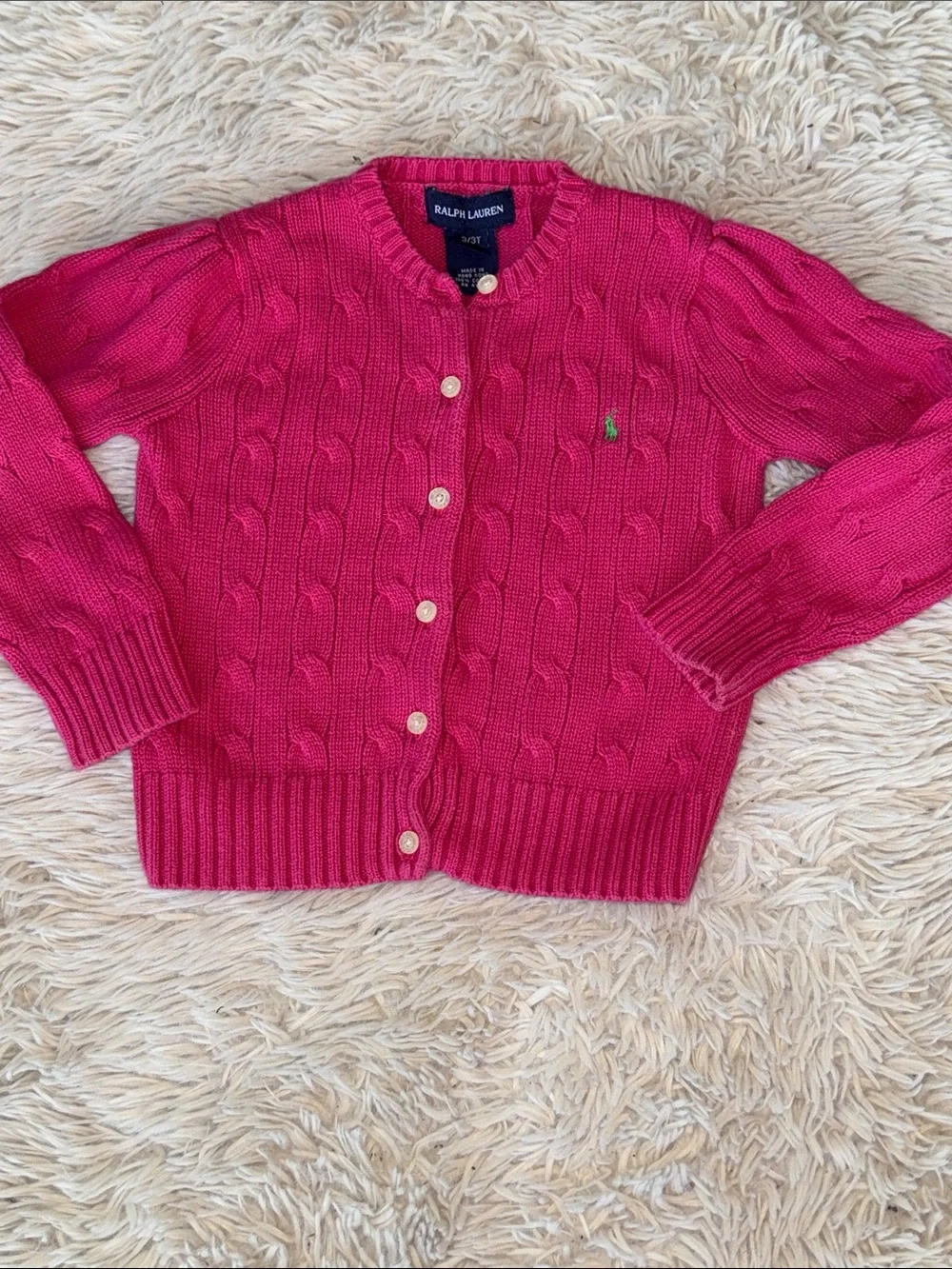 🐎 Ralph Lauren Girls Cable-Knit Cardigan in Fuchsia 3/3T